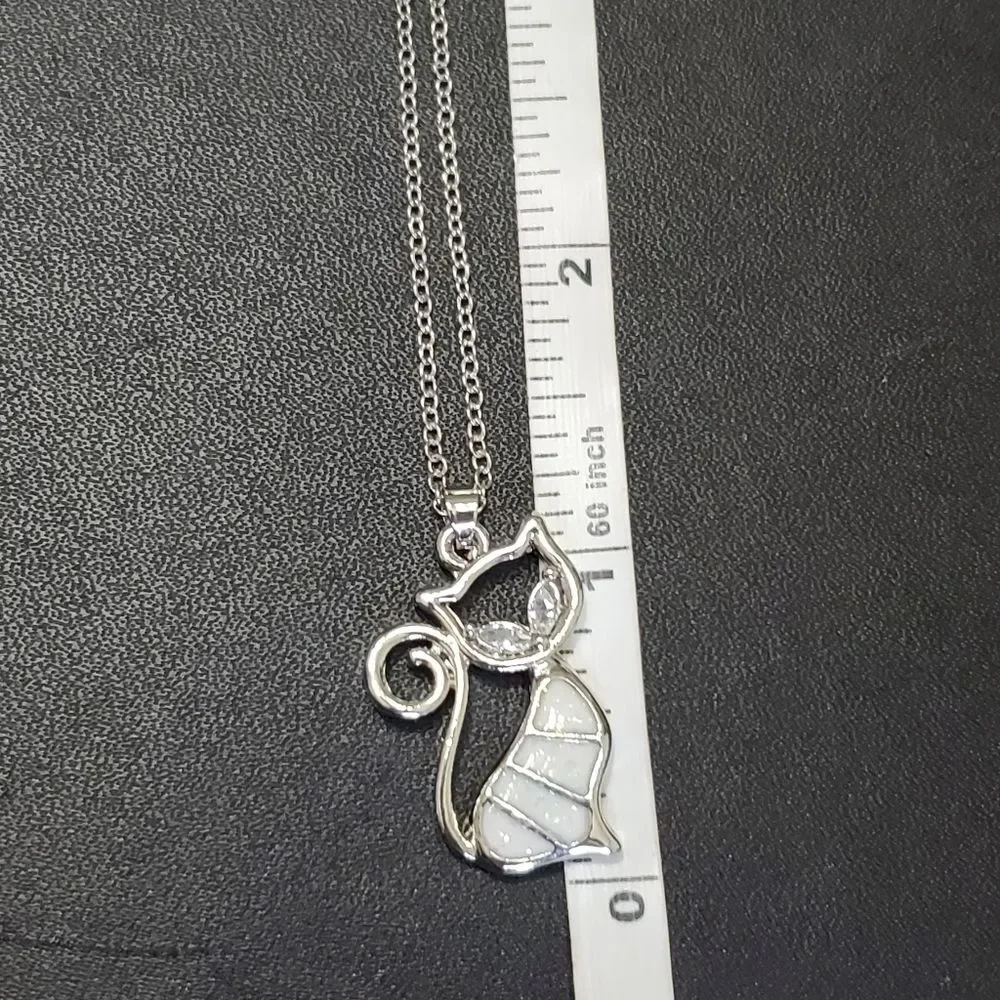 Silver tone glittery enamel cat jewelry set